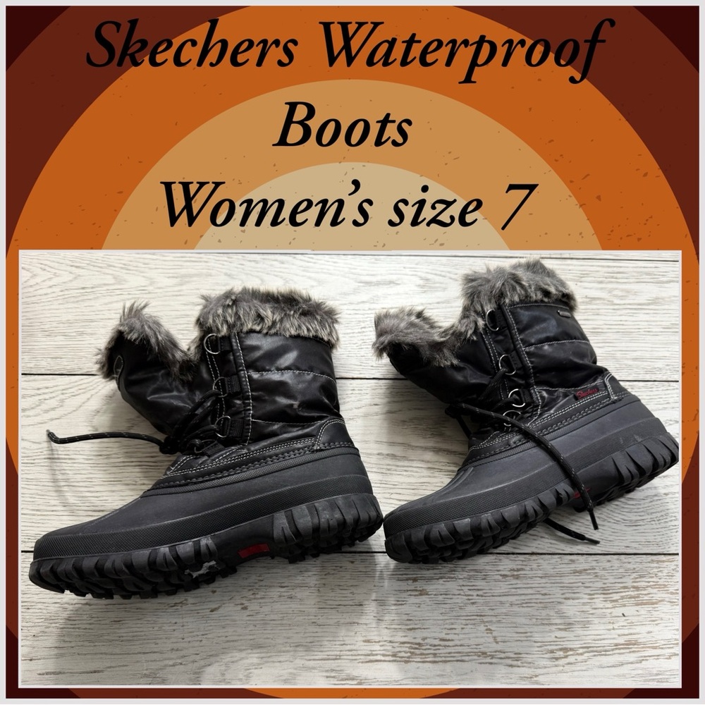 Skechers Black Winter Boots Womens size 7 Waterproof Durable insulated pull on